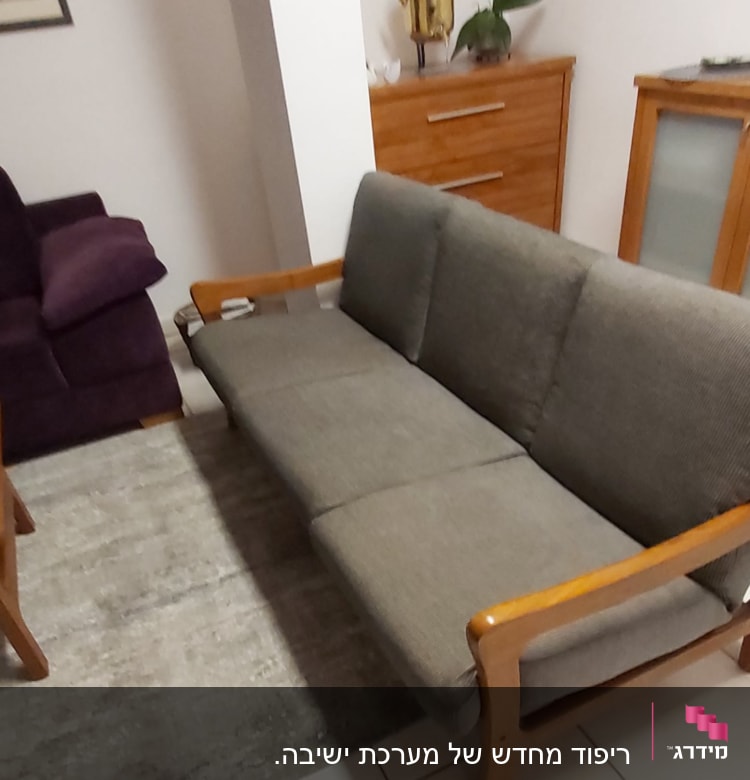 ספה אפורה עם ריפוד מרופד על שטיח אפור